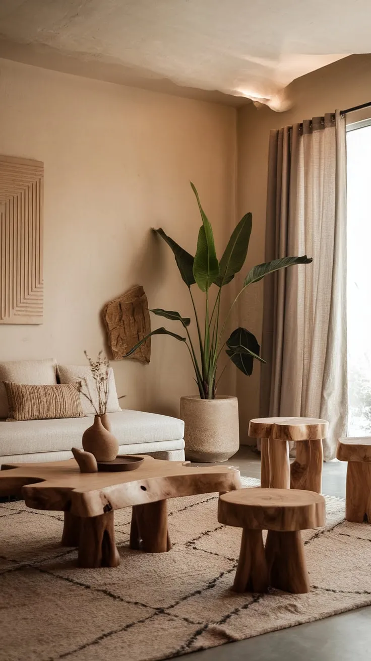 Featuring a harmonious blend of modern Mediterranean and Clements design influences, this living room exudes warmth with its wooden accents, lush greenery, and inviting atmosphere.