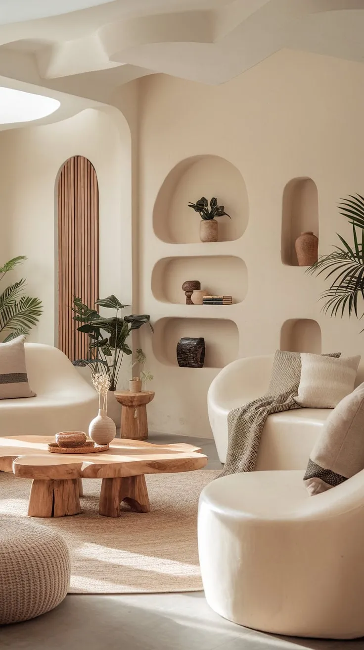 With its comfortable furniture, abundant plants, and natural light, this organic modern living room embodies the essence of modern Mediterranean decor and offers a perfect blend of living room aesthetic inspiration.