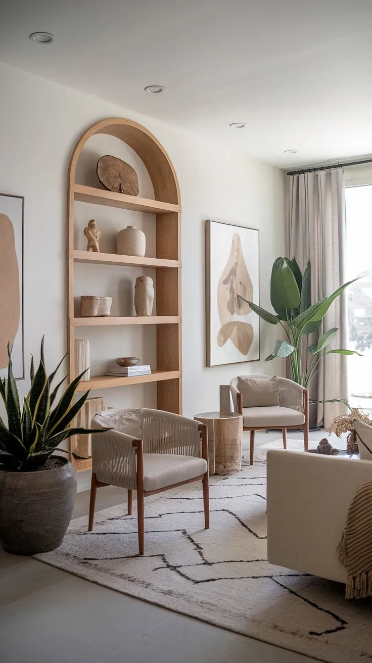 This modern boho living room showcases organic elements and wood-inspired decor, featuring a neutral palette, a large wooden shelf, and a vibrant plant, all harmonizing in a modern Mediterranean aesthetic.