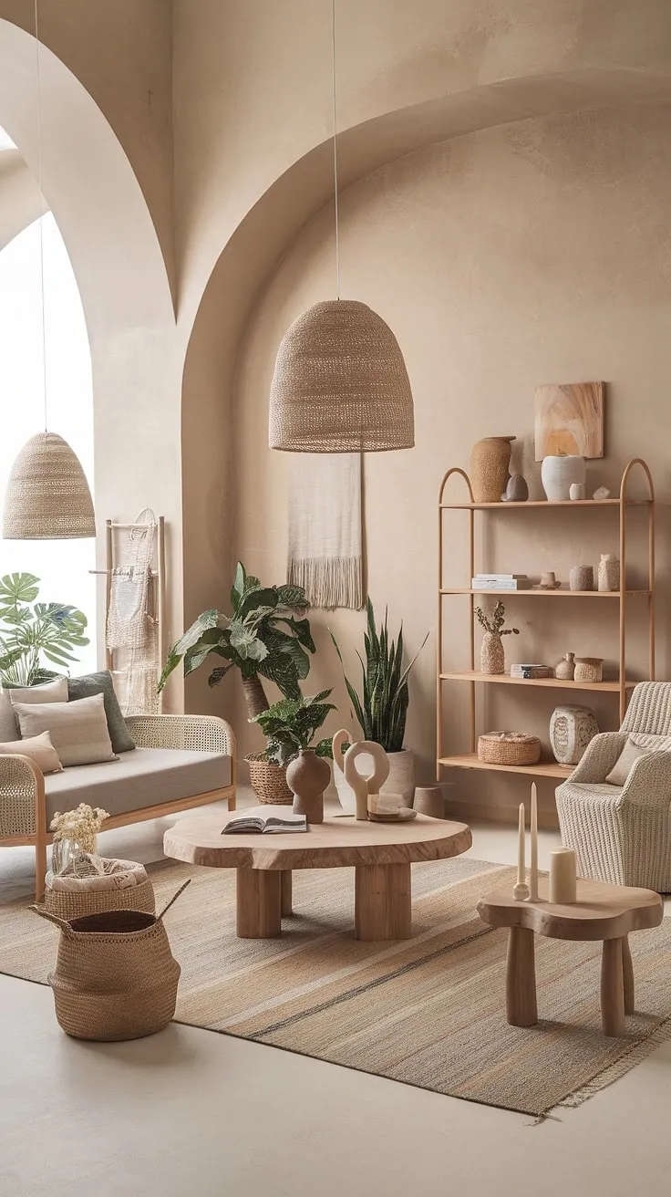 This living room showcases a harmonious mix of organic modern, modern boho, and natural design elements, featuring neutral tones, wood-inspired finishes, and Mediterranean influences for a stylish and inviting space.