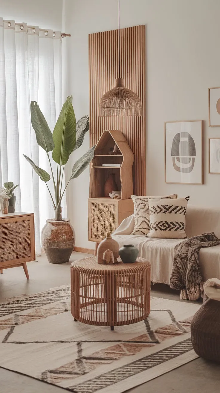 This modern boho living room showcases natural interior design with a neutral color palette, wood-inspired elements, and a touch of Tulum style, creating a captivating aesthetic inspired by Clements Design.