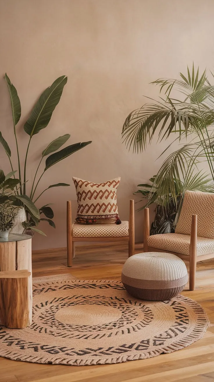 This modern boho living room showcases organic elements and natural interior design with wood-inspired decor, neutral tones, and vibrant patterns, creating a stunning living room aesthetic inspired by Clements Design and Tulum style.