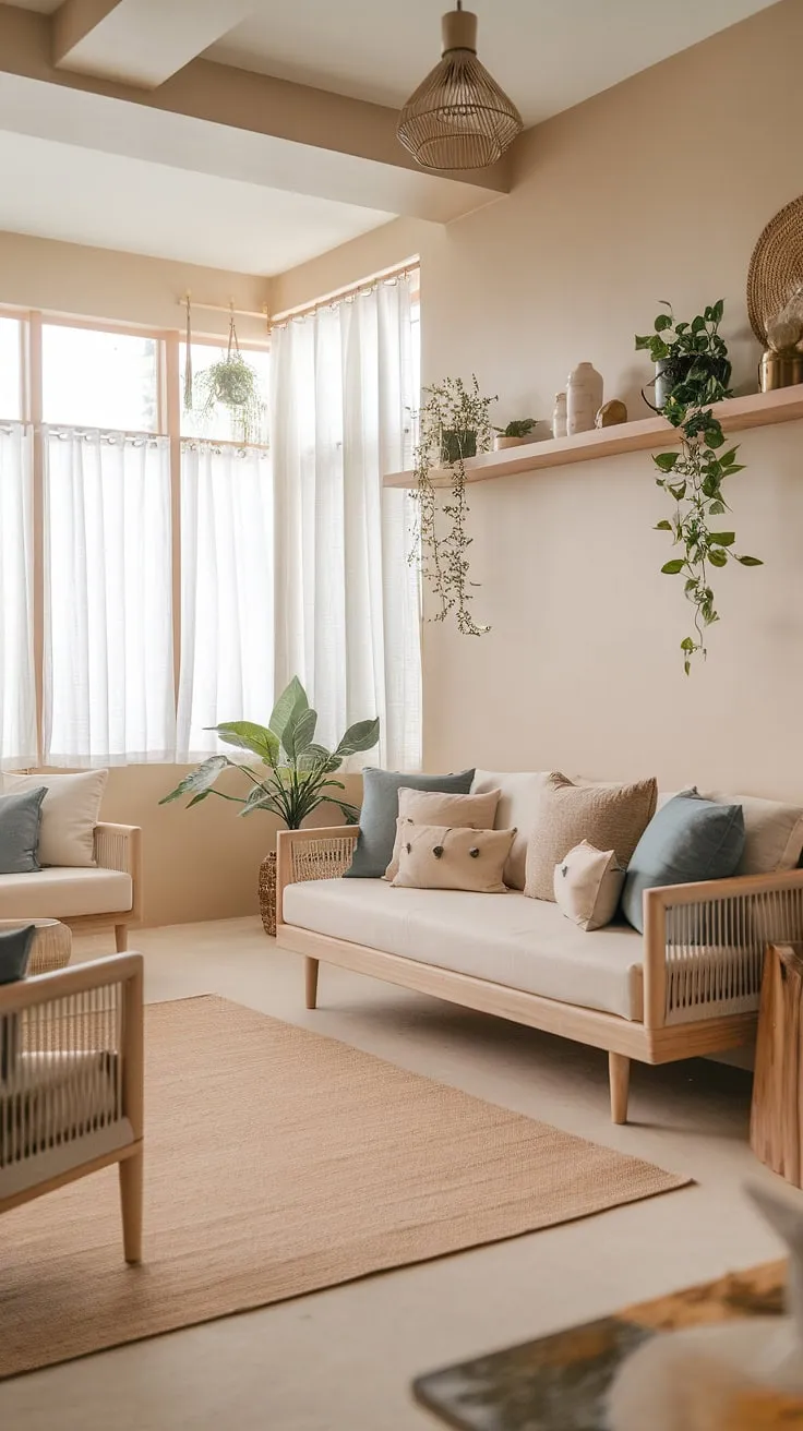 Featuring a light wooden sofa, beige and blue cushions, and a cozy rug, this living room captures the essence of Clements design and Tulum style in its inviting atmosphere.