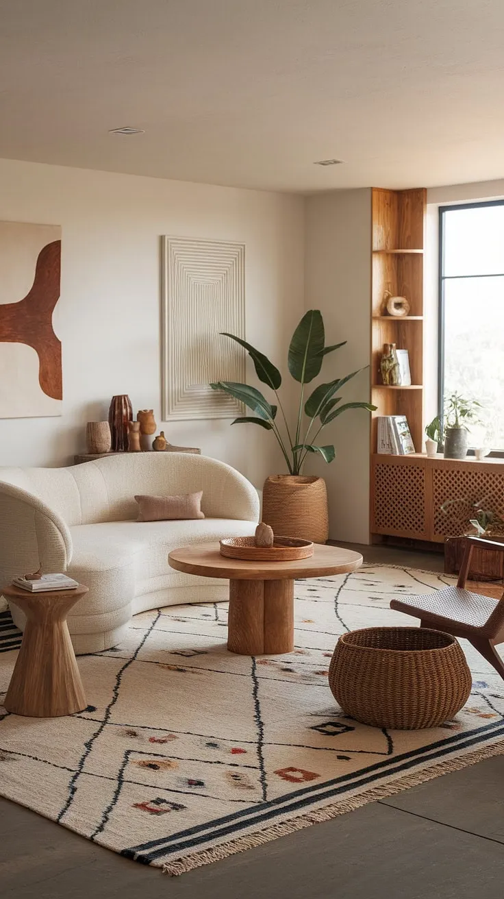 This modern boho living room showcases organic elements and natural interior design with a white curved sofa, woven baskets, and warm lighting, creating a neutral decor aesthetic inspired by Clements Design and Tulum style.
