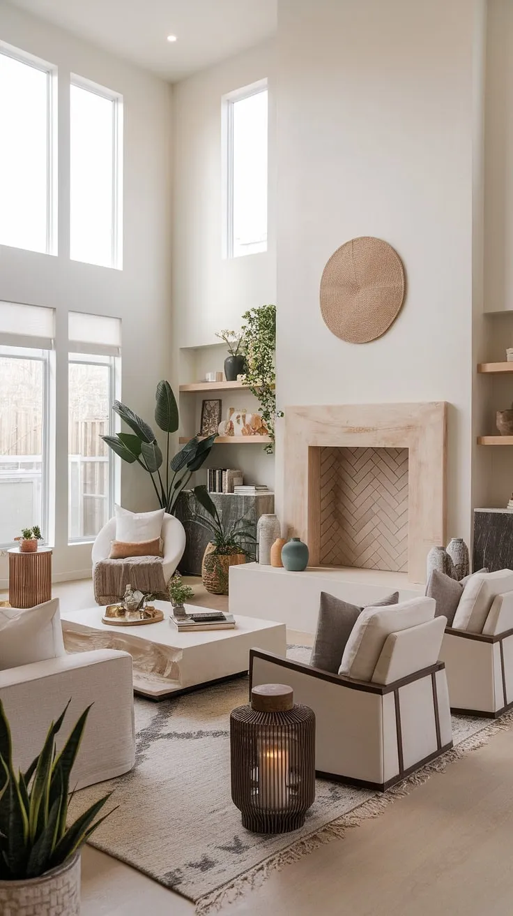 With its organic modern design, this living room showcases a harmonious blend of neutral decor, wood accents, and vibrant touches, perfect for those seeking living room aesthetic inspiration.