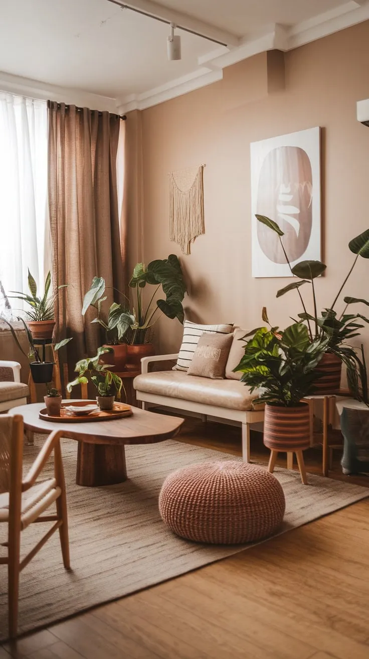This organic modern living room beautifully blends modern boho and Mediterranean styles with a natural color palette, wood-inspired decor, and lush plants for a captivating aesthetic.