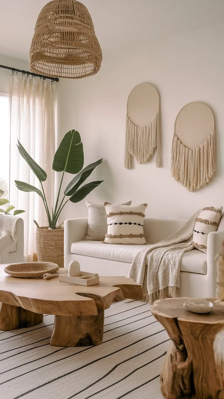 This living room beautifully blends modern boho and Mediterranean styles with natural interior design, featuring wood-inspired elements and neutral decor for a Tulum-inspired aesthetic.