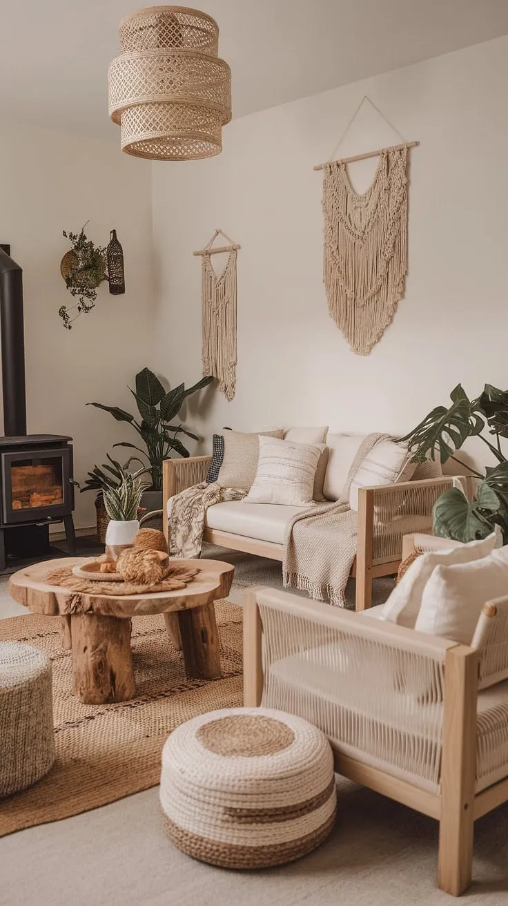 With its rustic charm, natural interior design, and Clements design influences, this modern Mediterranean living room offers inspiring living room aesthetic ideas for a tranquil retreat.