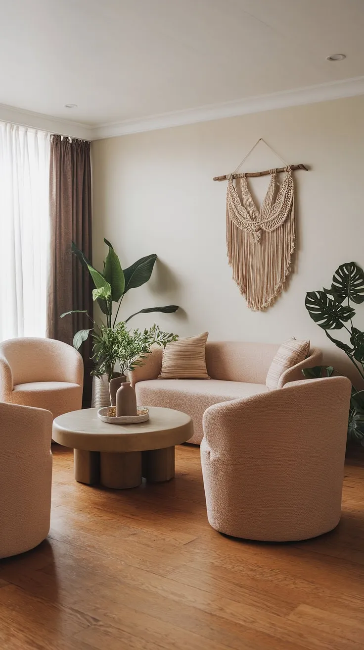 This modern boho living room features organic elements and natural interior design with a wood-inspired floor, neutral decor, and a Tulum style aesthetic that inspires a cozy yet sophisticated atmosphere.