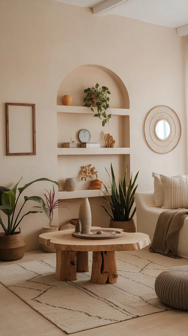 This modern boho living room showcases natural interior design with a neutral color palette, wood-inspired elements, and soft lighting, offering living room aesthetic inspiration in a Tulum style.