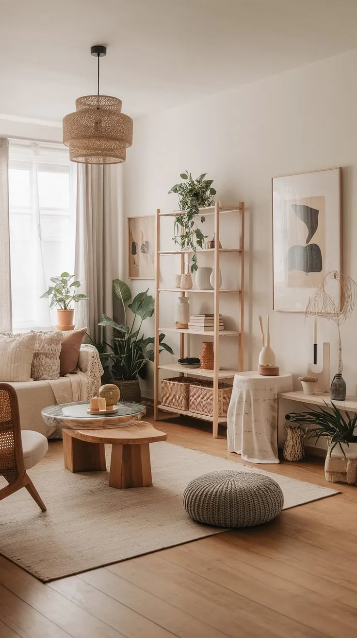 Featuring a harmonious mix of organic modern living room vibes and Clements design inspiration, this space highlights natural materials, neutral decor, and lively plants for a captivating living room aesthetic.