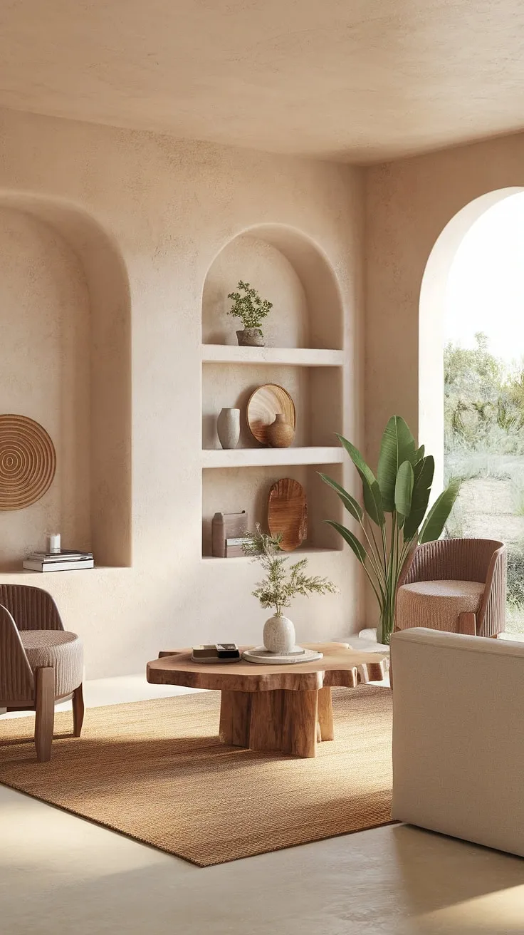 This modern living room beautifully blends organic, boho, and Mediterranean influences with a neutral color palette, wood-inspired elements, and natural decor for a stunning aesthetic inspiration.