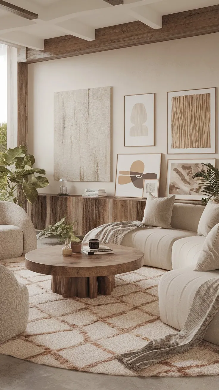 Featuring a harmonious blend of modern Mediterranean influences, this organic modern living room highlights a neutral palette, plush seating, and vibrant plants for a stylish and inviting atmosphere.