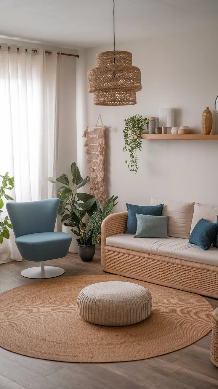 Featuring a beige sofa, blue accents, and potted plants, this organic modern living room captures the essence of Tulum style while maintaining a chic and inviting atmosphere.