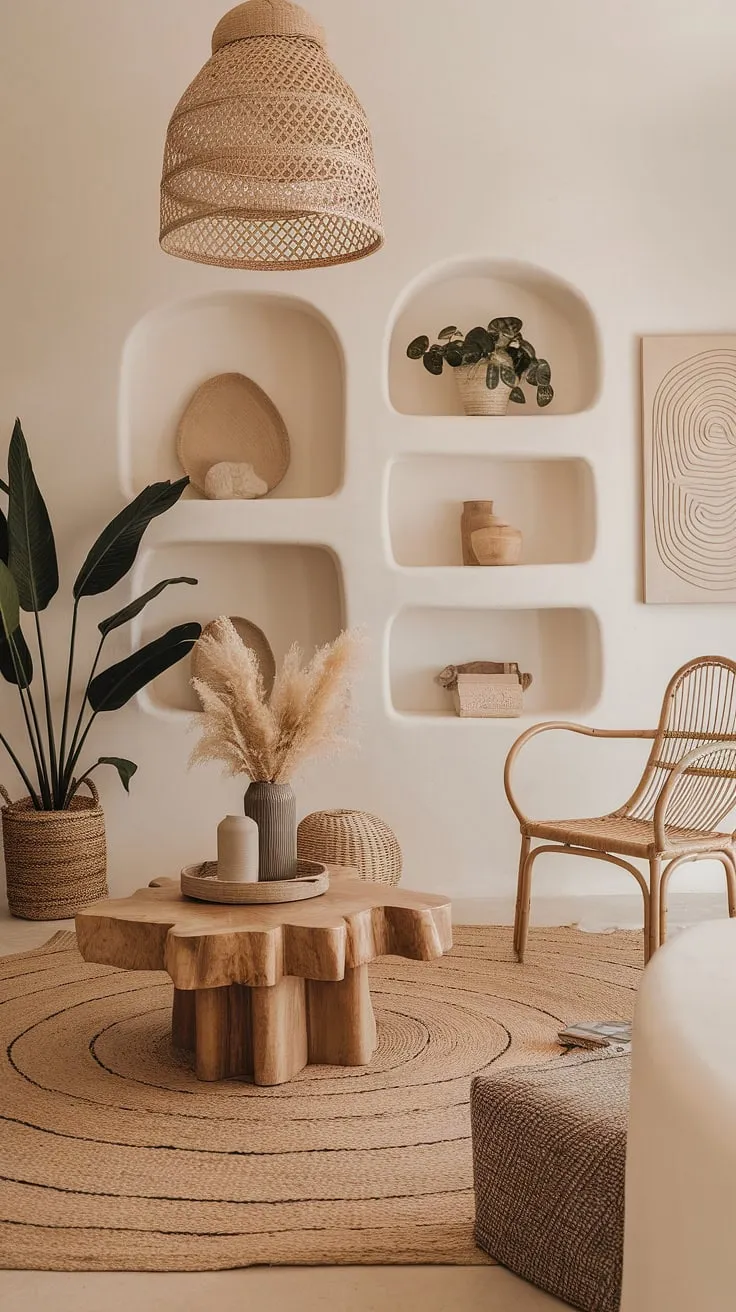 With its blend of organic modern elements, wood-inspired decor, and a neutral palette, this living room captures the essence of modern Mediterranean and Tulum-inspired design.