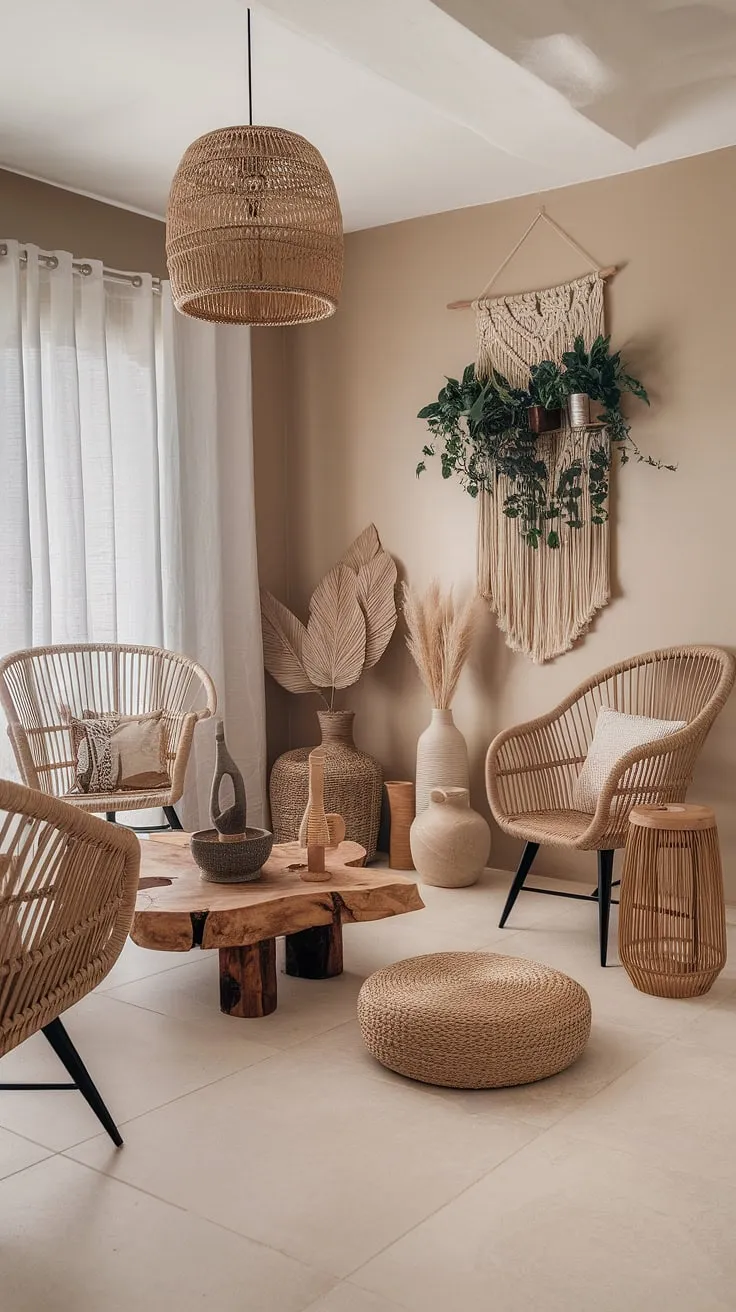 This modern boho living room by Clements Design features a neutral color palette with organic elements, including rattan chairs and a wooden coffee table, creating a natural interior design aesthetic inspired by modern Mediterranean and Tulum styles.