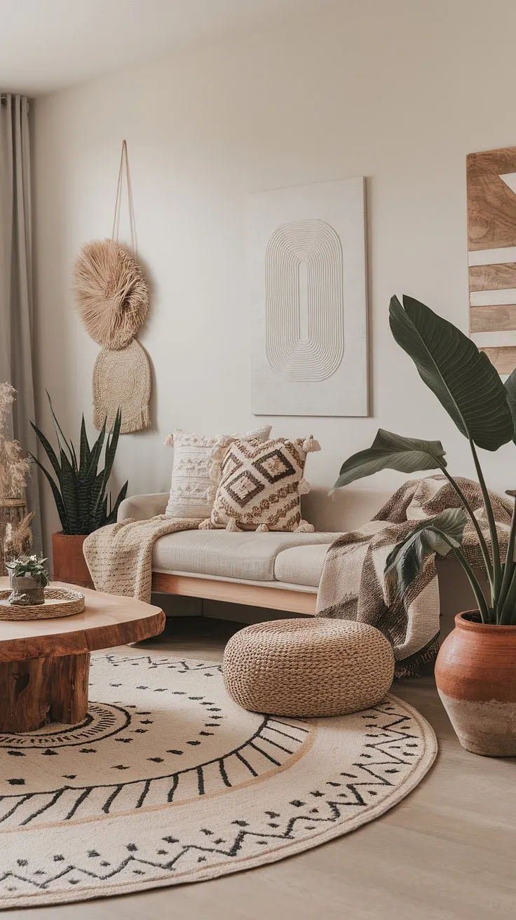 With its geometric rug, patterned pillows, and lush plants, this organic modern living room beautifully blends modern Mediterranean influences and natural interior design for a captivating living room aesthetic.