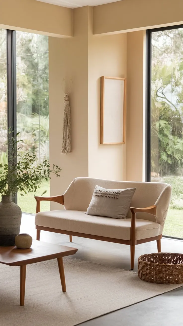 The Clements design showcases a modern Mediterranean vibe with a beige couch, wooden accents, and greenery, perfect for living room aesthetic inspiration.