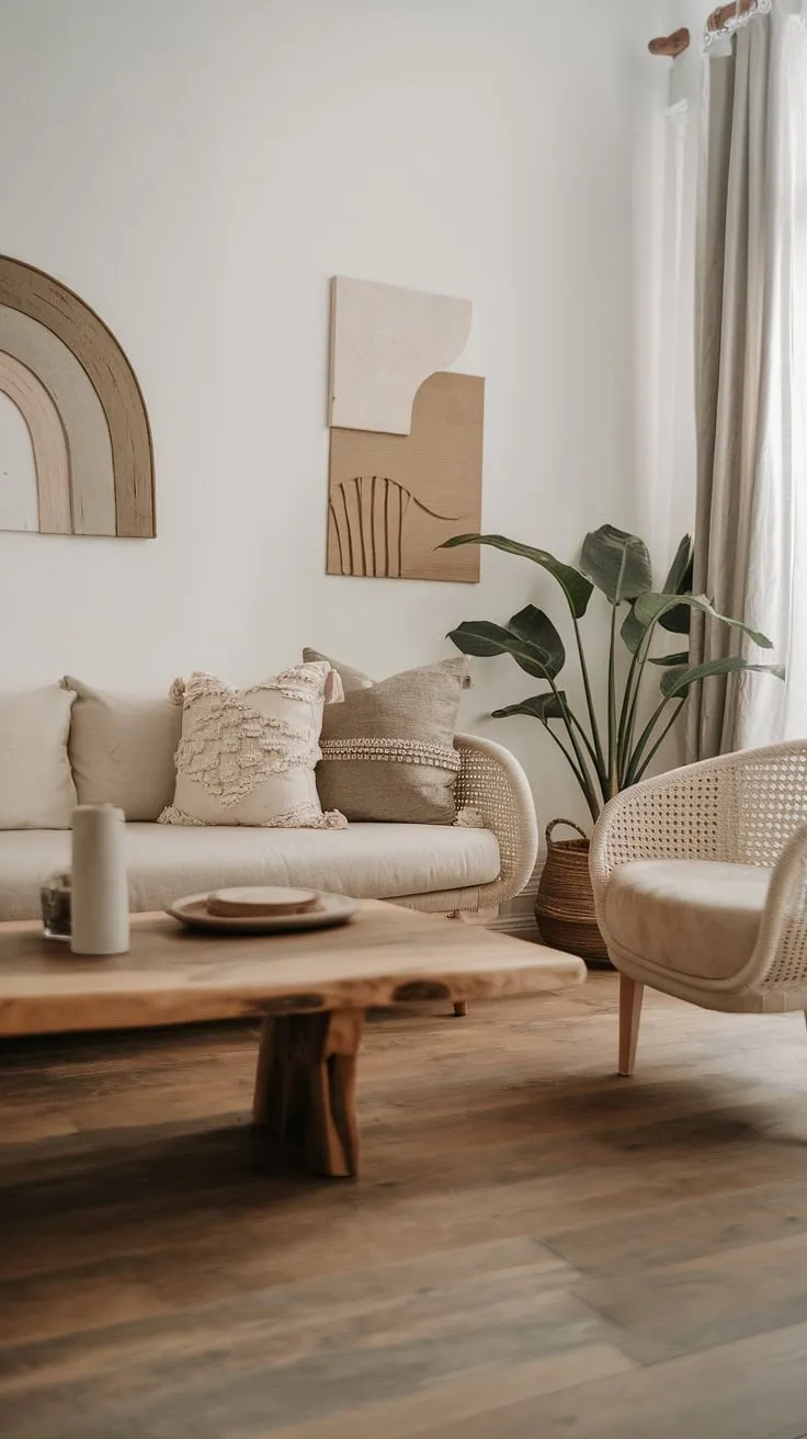The living room blends wood-inspired and modern Mediterranean styles, highlighted by a cozy beige sofa, artful decor, and lush plants, creating a chic Tulum-inspired atmosphere.