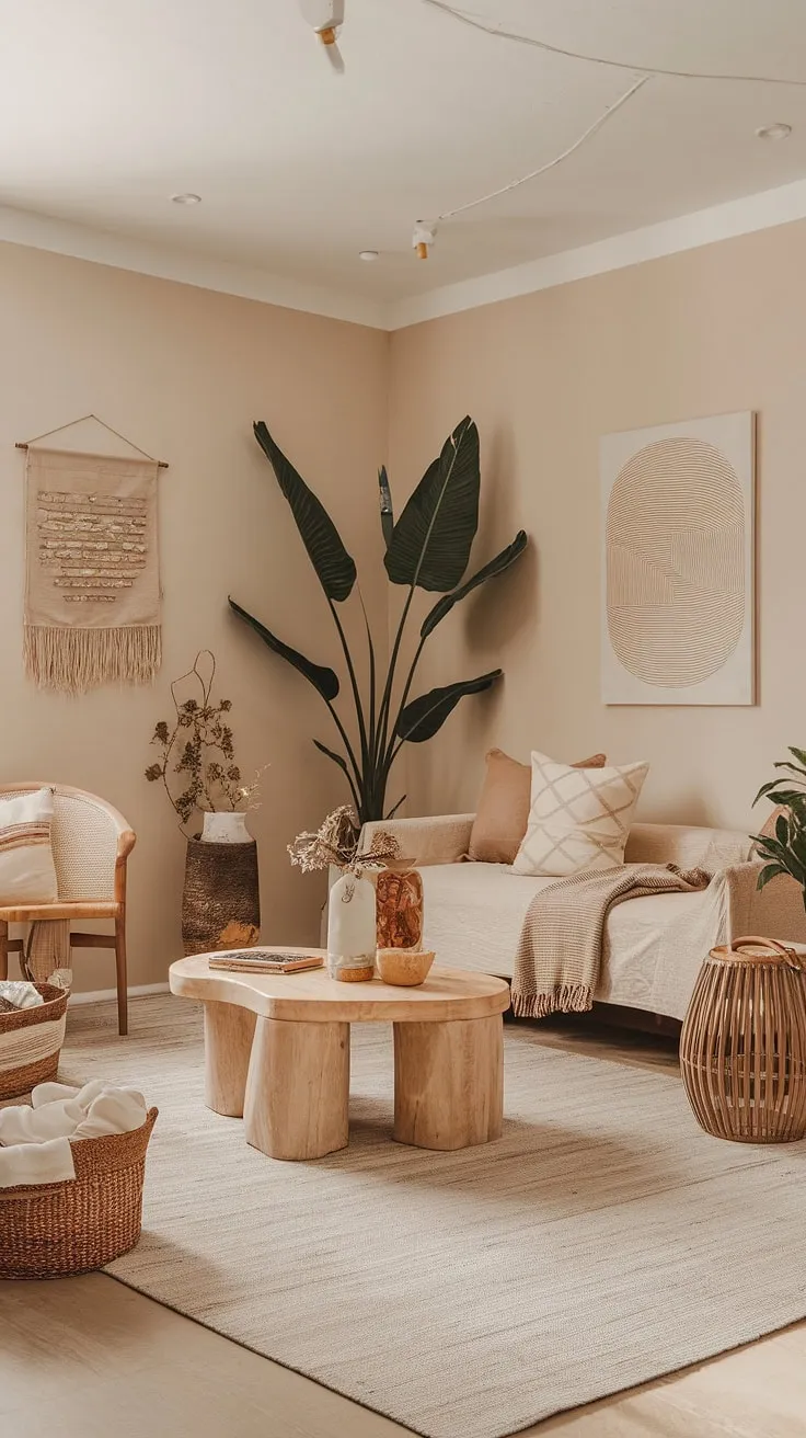 This modern boho living room showcases organic elements and a neutral color palette, featuring light wood floors, a large plant, and carefully curated decor for a natural interior design aesthetic.