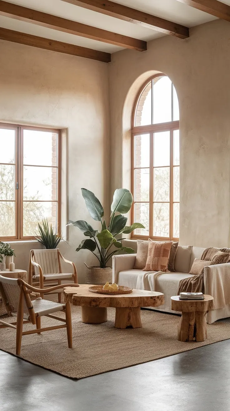 This modern boho living room showcases organic elements and natural interior design with a neutral color palette, wood-inspired furniture, and a Tulum style aesthetic that invites warmth and tranquility.
