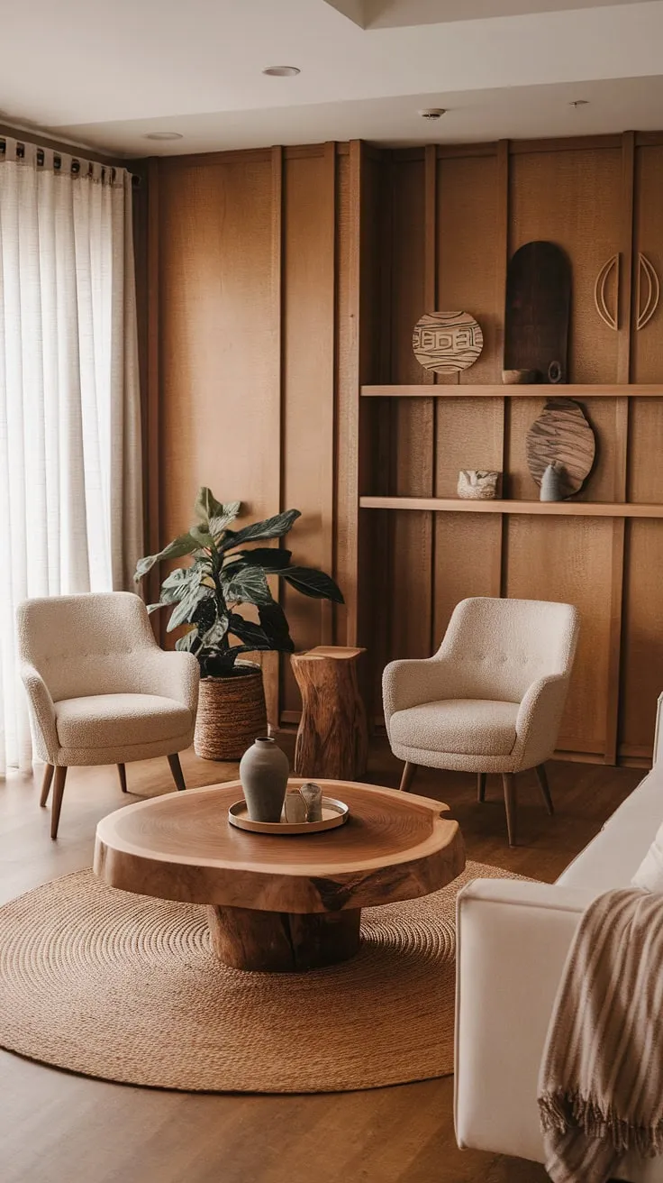 The living room blends modern Mediterranean influences with organic touches, highlighted by a large wooden coffee table, beige seating, and a potted plant, creating a harmonious space that reflects Clements Design's aesthetic inspiration.