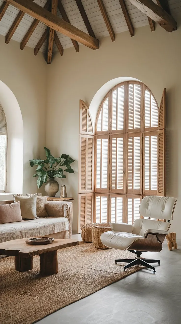 This modern boho living room features organic elements like wooden beams and a neutral palette, creating a natural interior design aesthetic that draws inspiration from modern Mediterranean and Tulum styles.