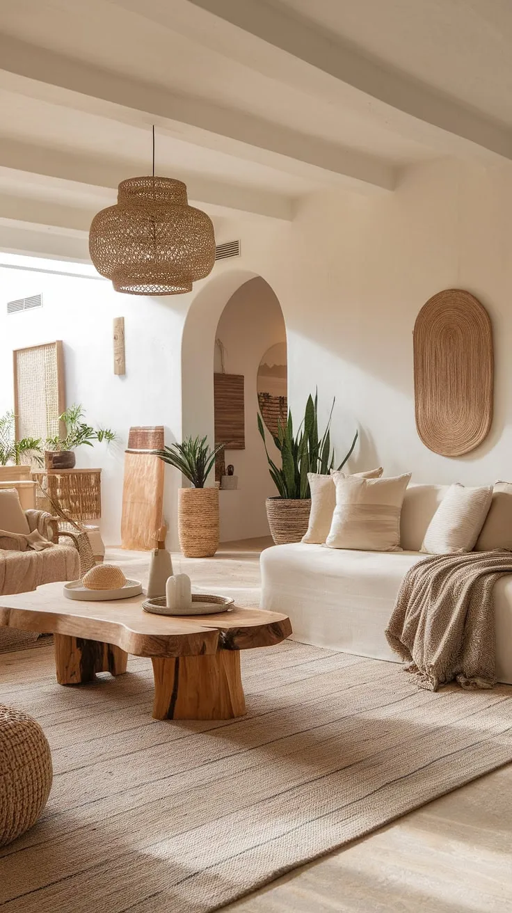 The living room showcases a harmonious mix of modern boho and Mediterranean styles, highlighted by natural materials, a neutral palette, and abundant natural light for an inviting aesthetic inspiration.