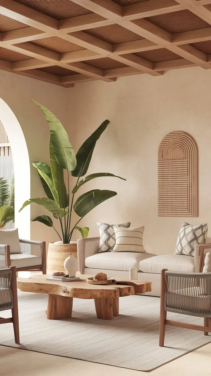 Featuring a comfortable sofa and personal touches, this living room aesthetic blends organic modern living with a warm, inviting atmosphere perfect for relaxation.