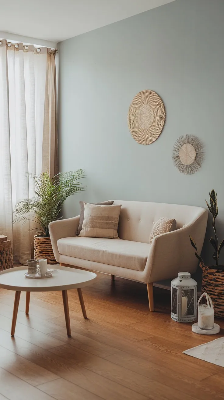 This modern boho living room features a beige sofa with wooden legs, a round white coffee table, and natural decor elements that create a warm, inviting aesthetic inspired by organic modern and Mediterranean styles.
