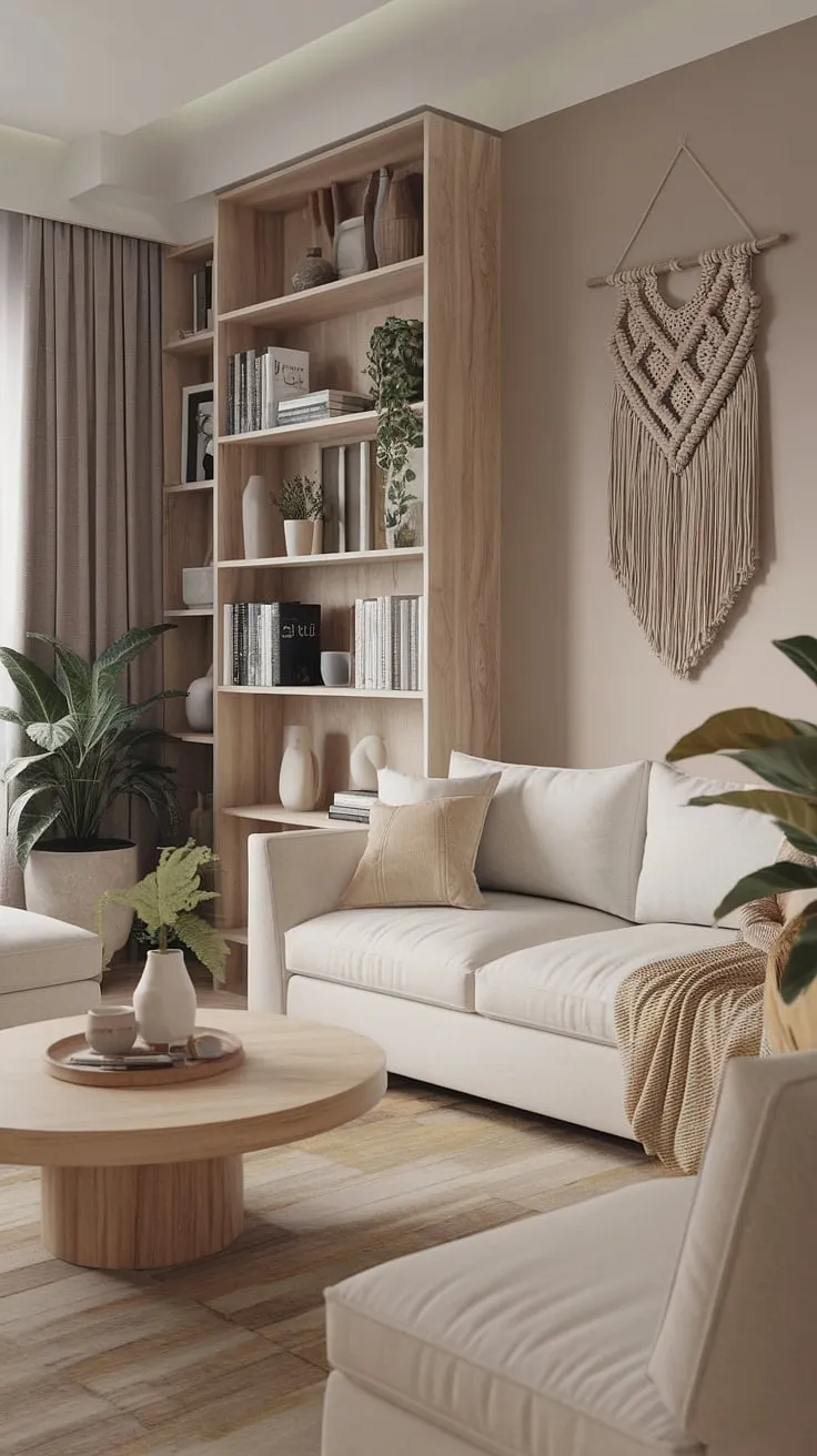 This modern living room beautifully blends organic modern, boho, and Mediterranean styles with neutral decor, wood-inspired elements, and natural touches for a captivating aesthetic.