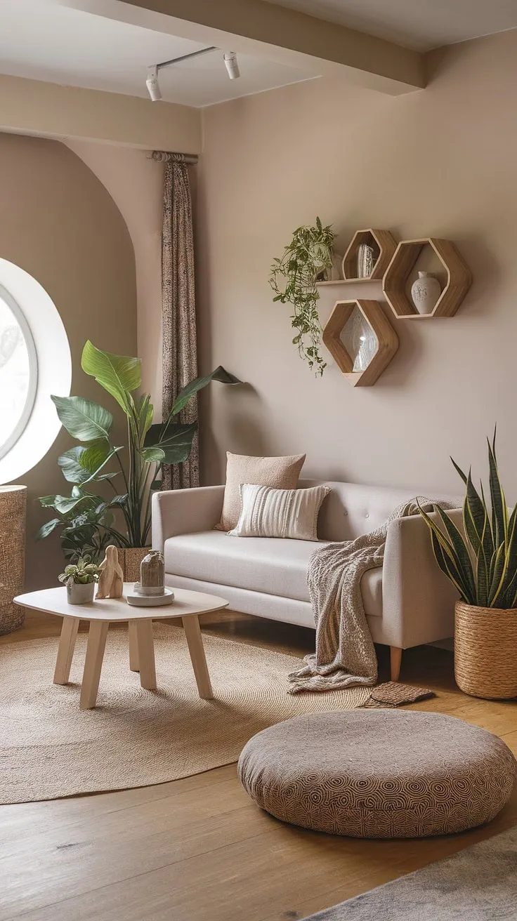 Featuring a blend of modern Mediterranean and Tulum style, this inviting space highlights a beige sofa, patterned cushions, and potted plants against a backdrop of warm wood tones and soft lighting.