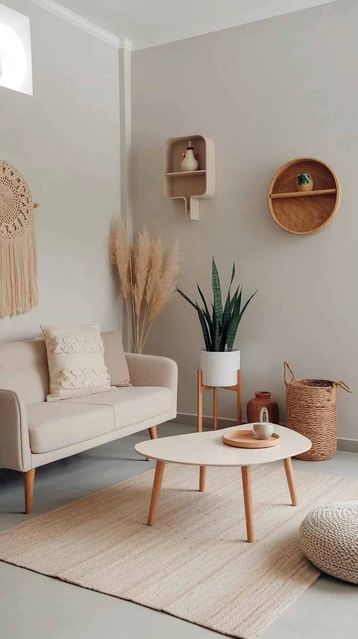 Featuring a blend of wood-inspired details and light grey walls, this living room embodies modern Mediterranean charm while offering ample living room aesthetic inspiration.
