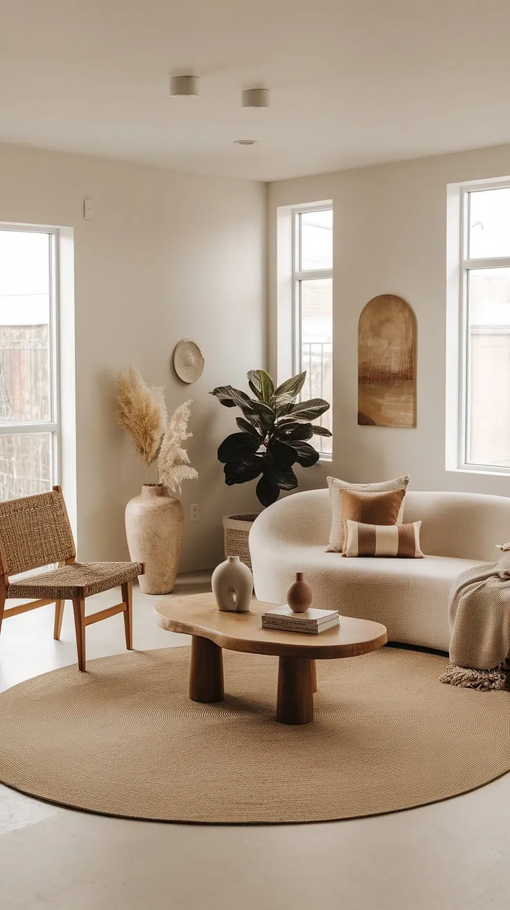 With its beige sofa, wicker chair, and large round rug, this organic modern living room embodies a harmonious blend of modern Mediterranean and natural interior design influences.