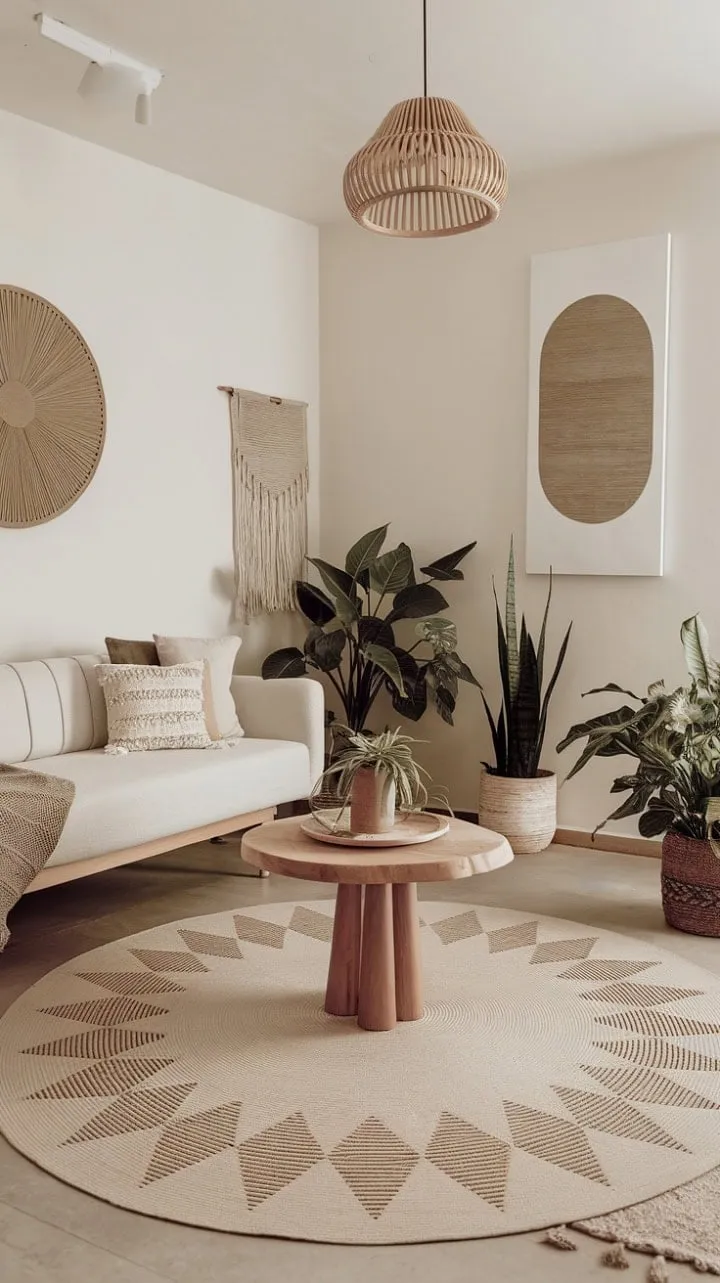 This serene living room harmoniously fuses modern minimalism with bohemian warmth, creating a sophisticated haven for mindful living and cherished moments.
