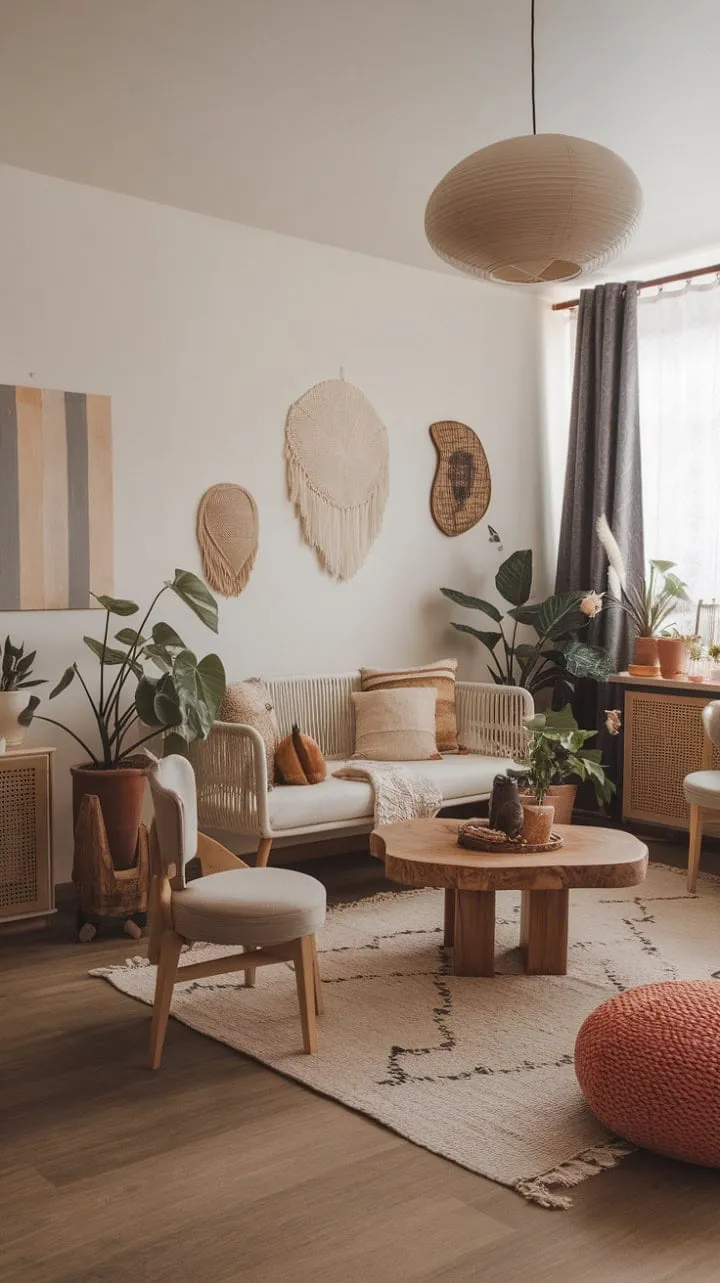This living room masterfully fuses modern style with bohemian warmth, featuring a neutral palette enlivened by vibrant accents and a curated mix of natural elements and art for a uniquely inviting ambiance.