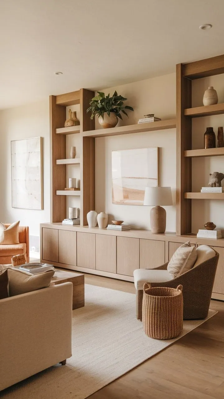 This modern living room artfully fuses minimalist elegance with bohemian warmth, showcasing a curated collection that infuses personality into its serene design.