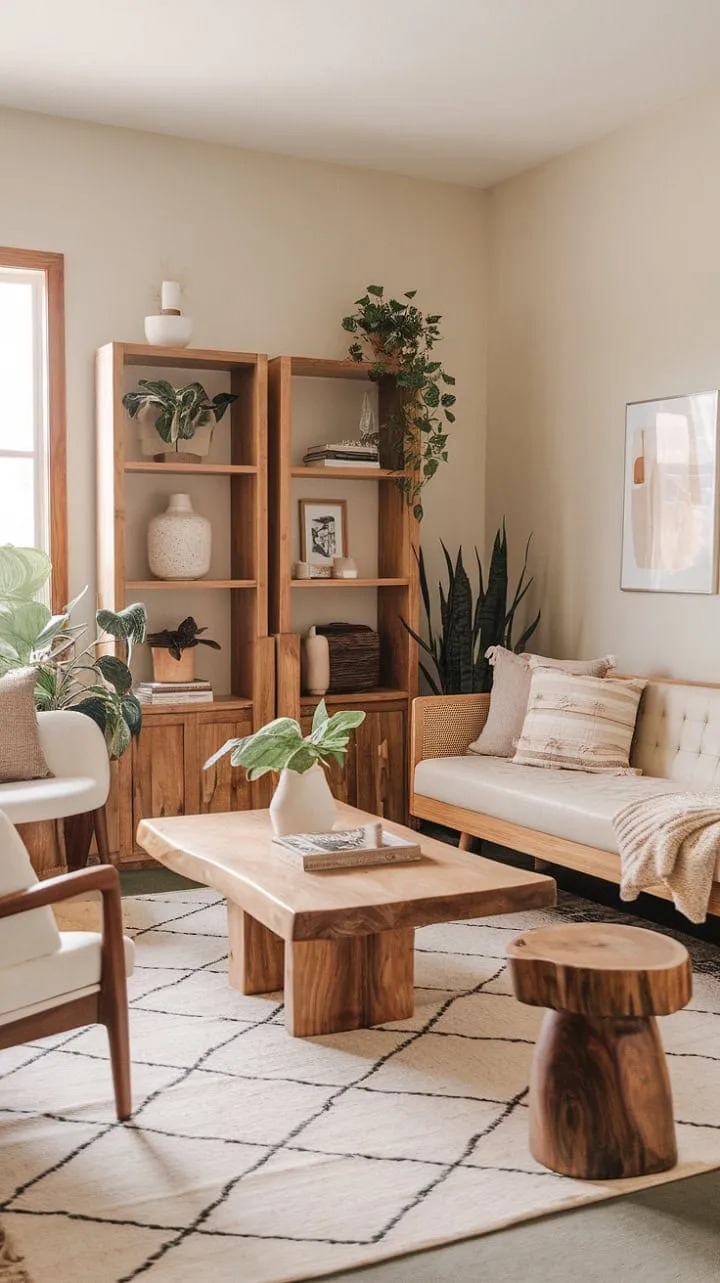 Bathed in sunlight, this modern boho living room blends organic textures and vibrant greenery into a serene sanctuary for relaxation.
