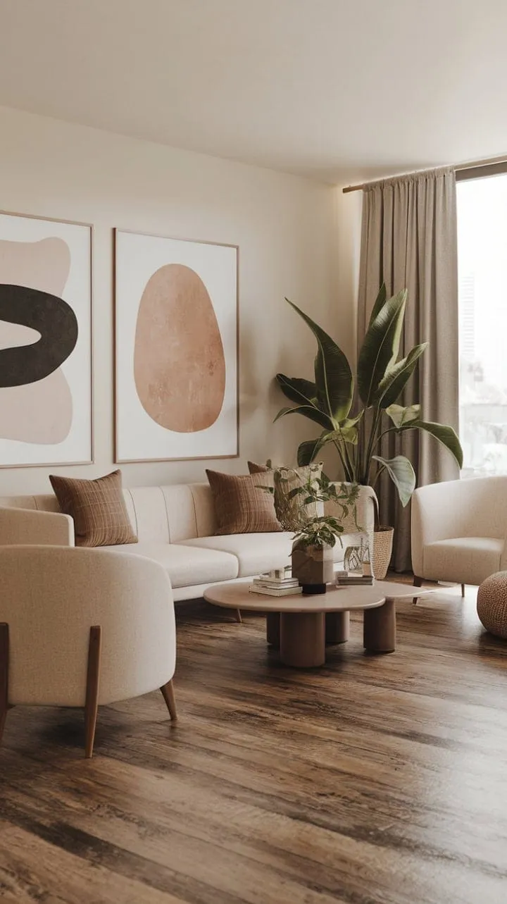 This modern boho living room blends natural materials and abstract art into a serene sanctuary that invites relaxation and appreciation for organic beauty.