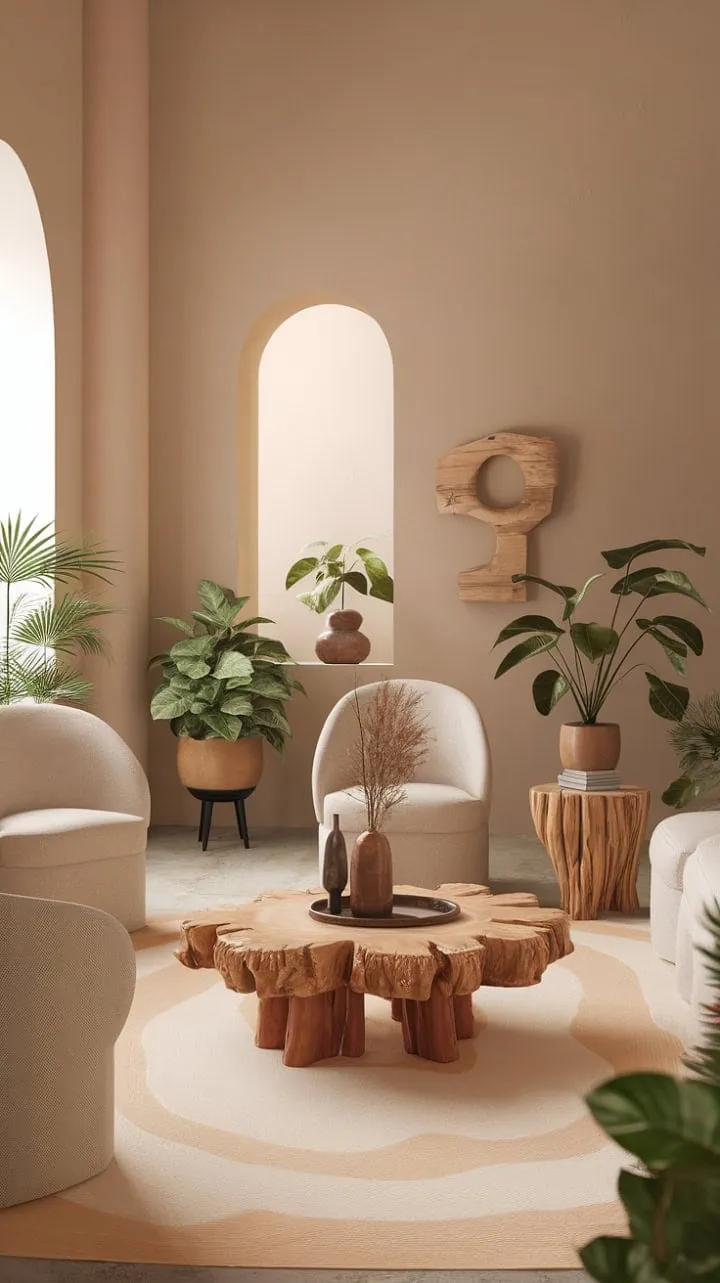 In this serene living room, beige walls and natural materials harmonize with lush greenery, crafting a modern sanctuary of understated elegance.