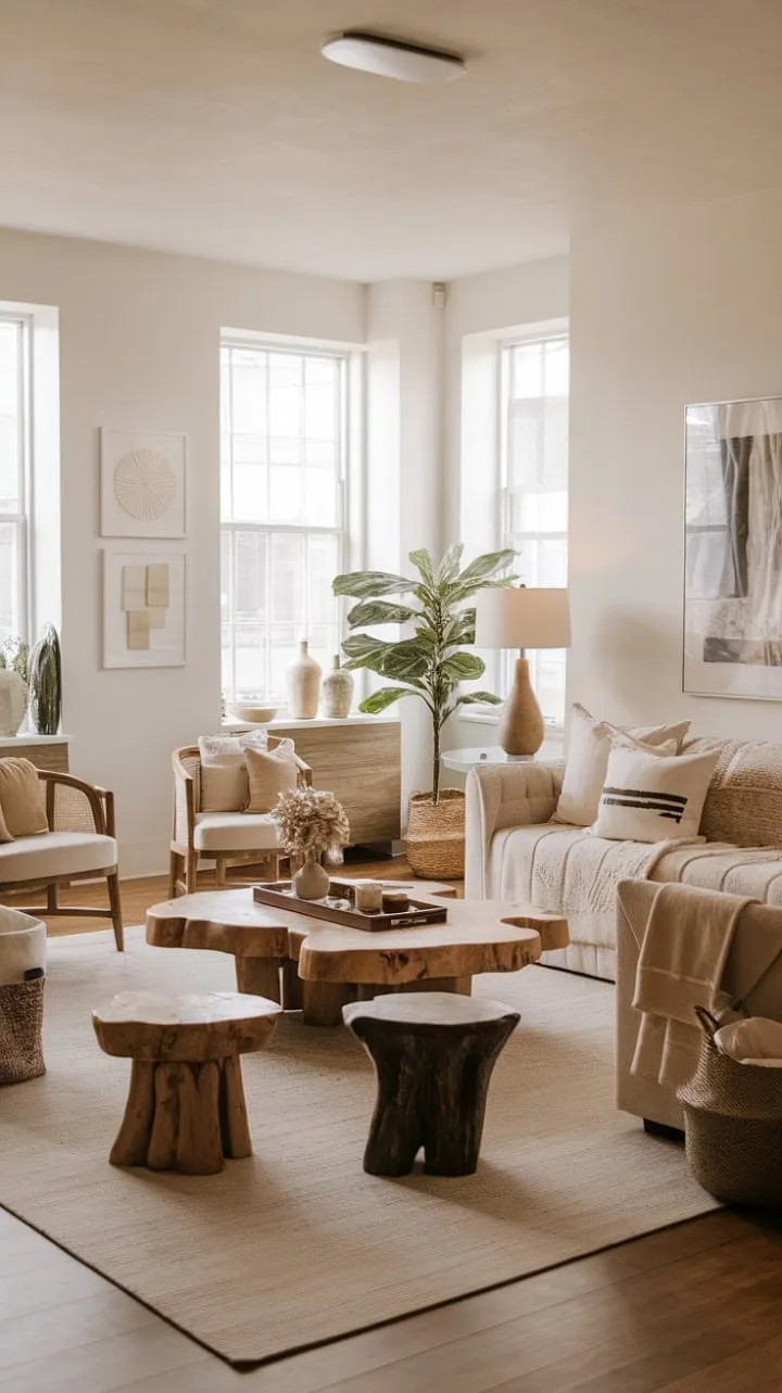 Sunlight bathes this modern boho haven in warmth, highlighting its inviting blend of organic textures and neutral tones for a stylishly cozy retreat.
