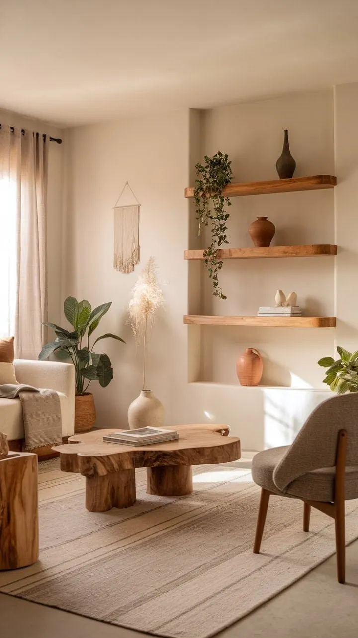 Bathed in sunlight, this serene living room blends natural textures and earthy tones to create a chic sanctuary that invites tranquility and well-being.