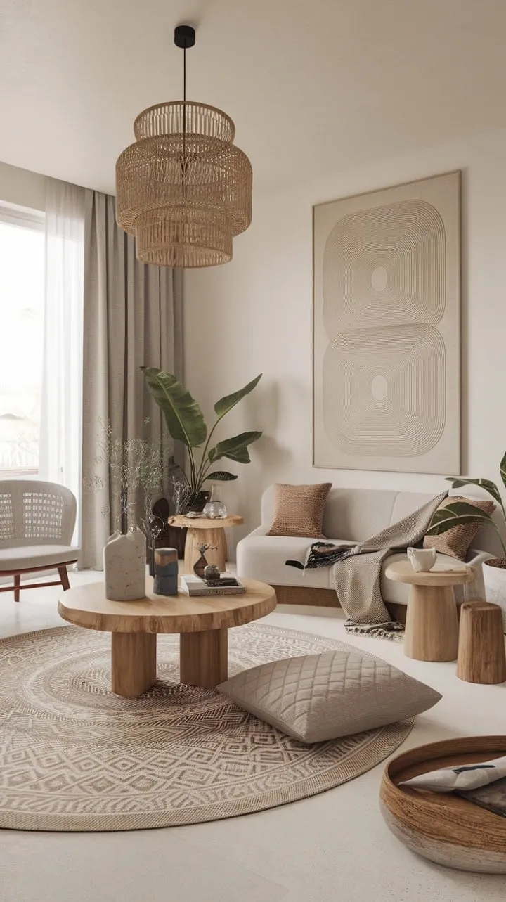 Discover a serene modern boho retreat where elegant wood, geometric patterns, and plush textures harmonize under a flood of natural light.