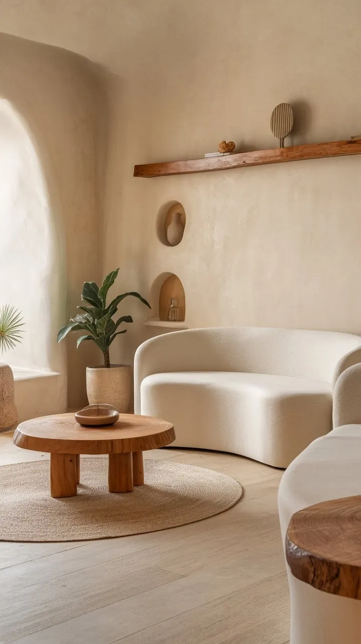 In this modern boho living room, neutral tones and organic shapes harmoniously blend to create a serene sanctuary, enhanced by a curved sofa, textured walls, and a splash of greenery.