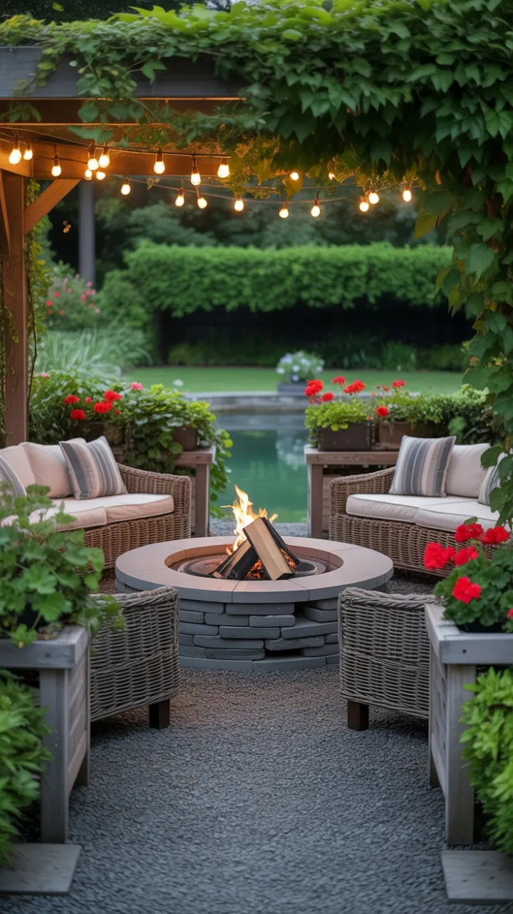 Cozy Stone Fire Pit Retreat Nestled in Lush Garden Glow