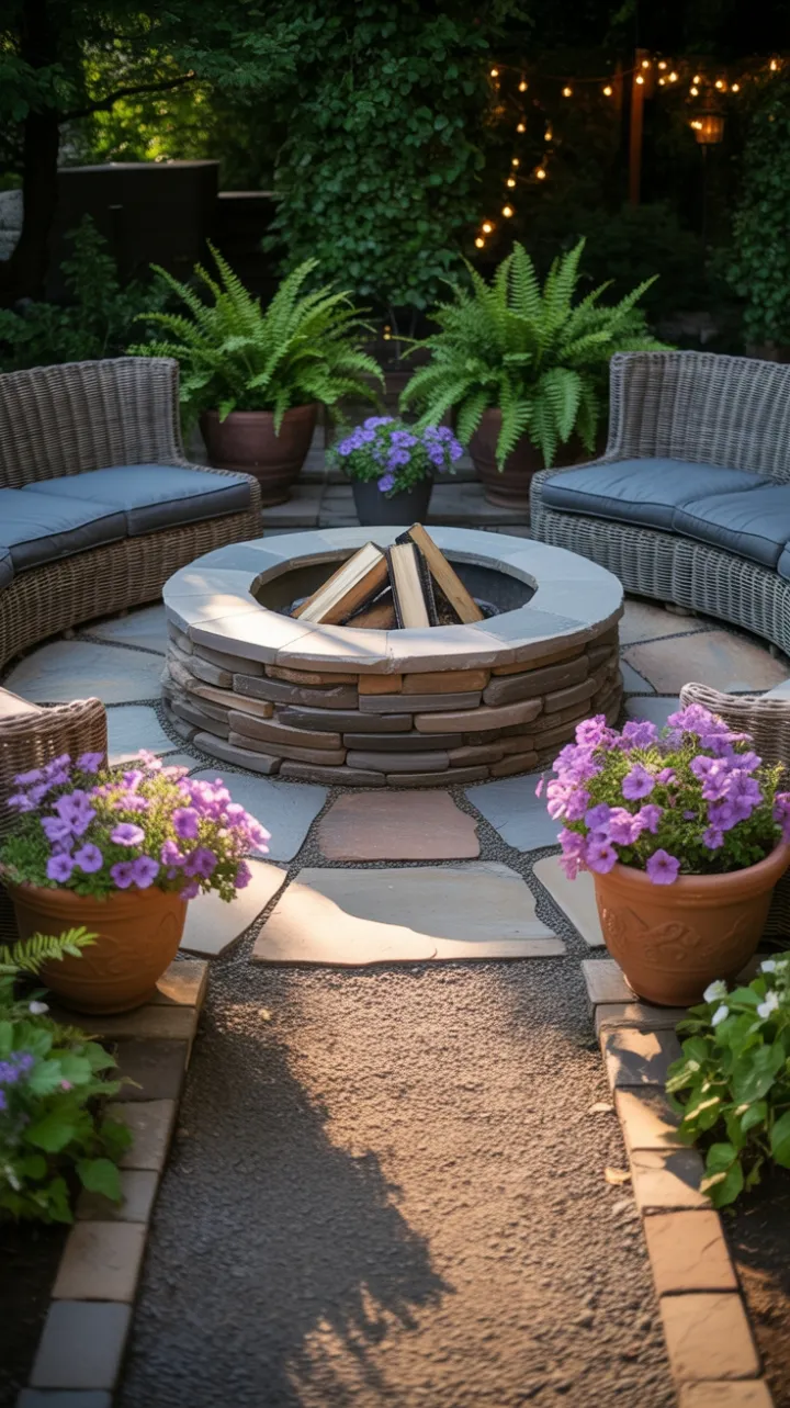 Cozy Twilight Fire Pit Nestled in a Petunia-Lined Garden