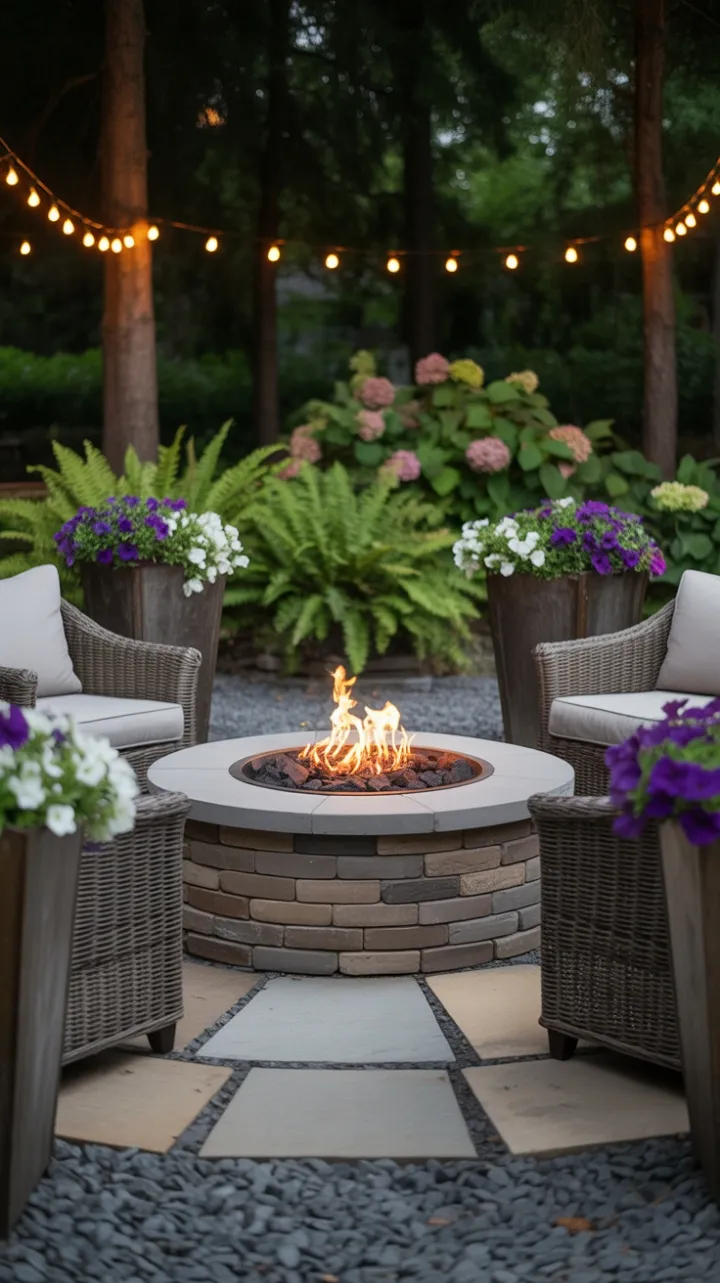 Twilight Fireside Haven with Wicker Seats, Petunias and Warm String Lights
