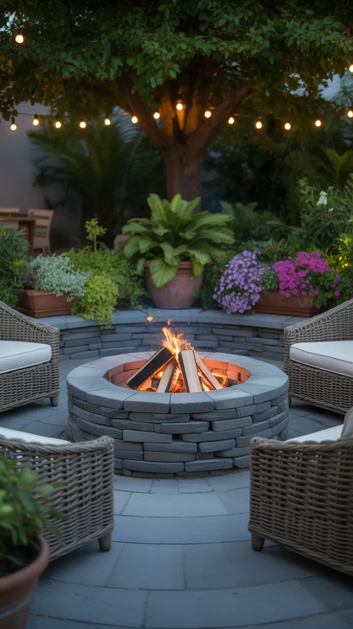 Twilight Stone Fire Circle with Cozy Rattan Seating and Lush Planters