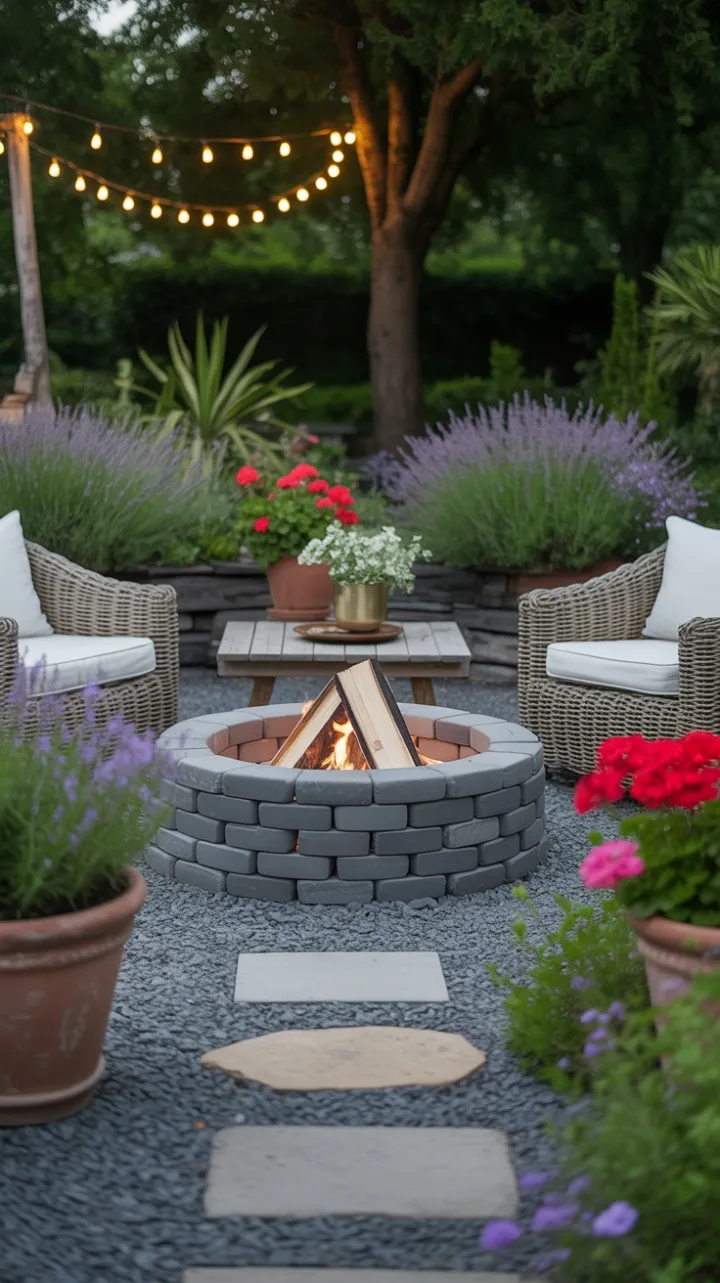 Lavender-Scented Garden Retreat Around a Cozy Stone Fire Pit