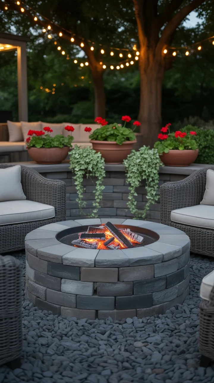 Glowing Ember Patio – Modern Stone Firepit and Garden Seating